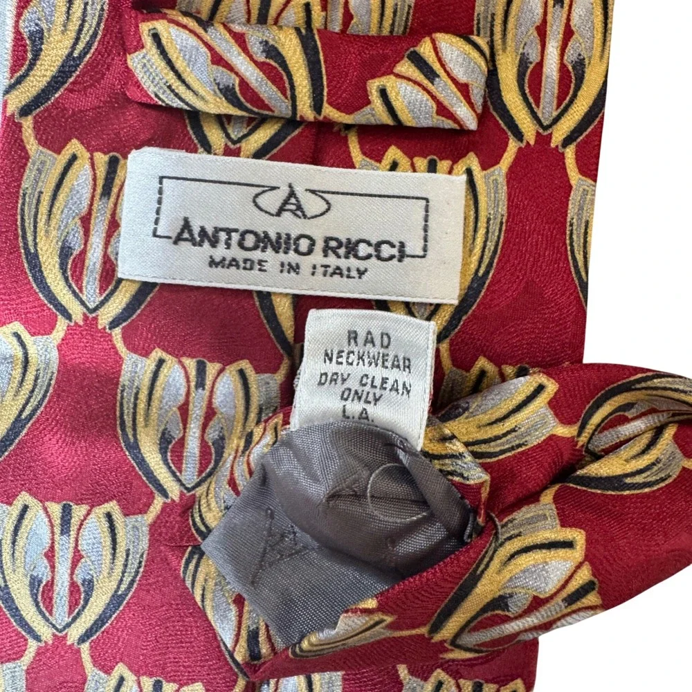 Antonio Ricci Silk Tie Red Gold Geometric Abstract Made in Italy Men Necktie Vtg